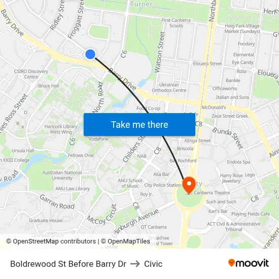 Boldrewood St Before Barry Dr to Civic map