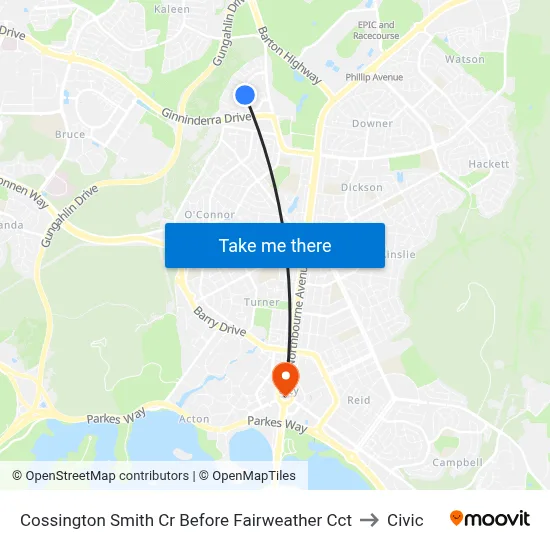 Cossington Smith Cr Before Fairweather Cct to Civic map