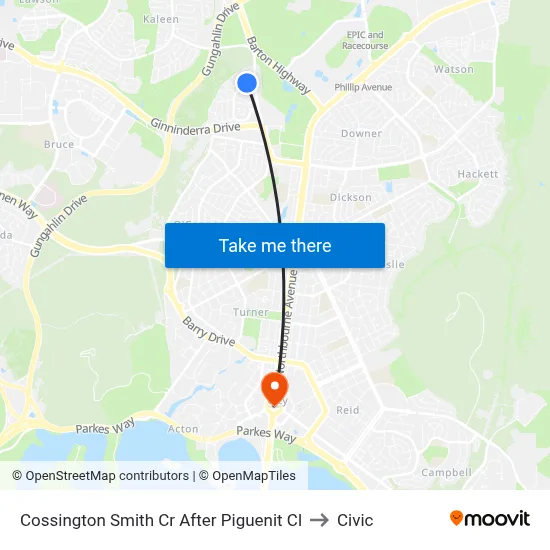 Cossington Smith Cr After Piguenit Cl to Civic map
