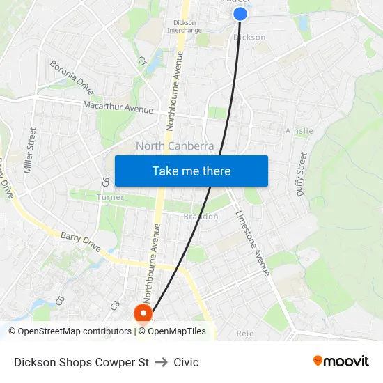 Dickson Shops Cowper St to Civic map