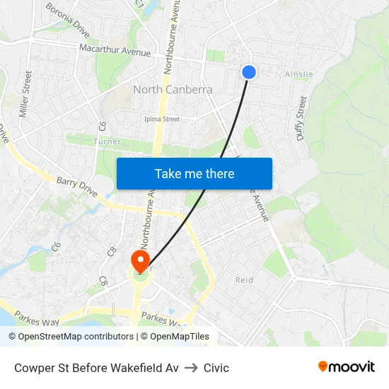 Cowper St Before Wakefield Av to Civic map