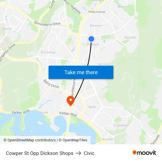 Cowper St Opp Dickson Shops to Civic map