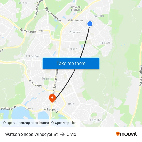 Watson Shops Windeyer St to Civic map