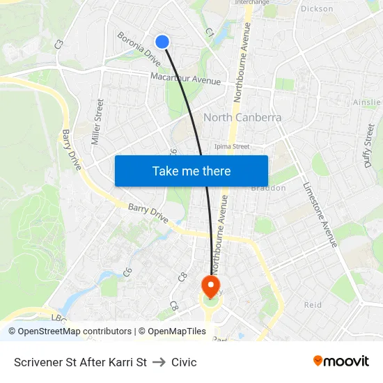Scrivener St After Karri St to Civic map