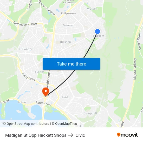 Madigan St Opp Hackett Shops to Civic map