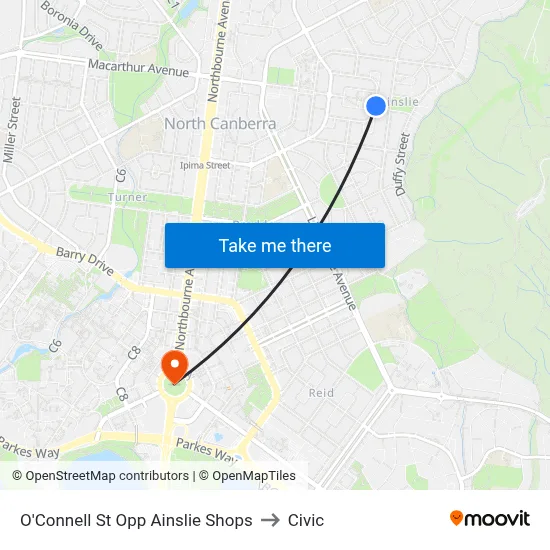 O'Connell St Opp Ainslie Shops to Civic map