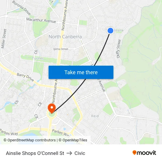Ainslie Shops O'Connell St to Civic map