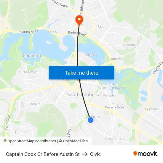 Captain Cook Cr Before Austin St to Civic map