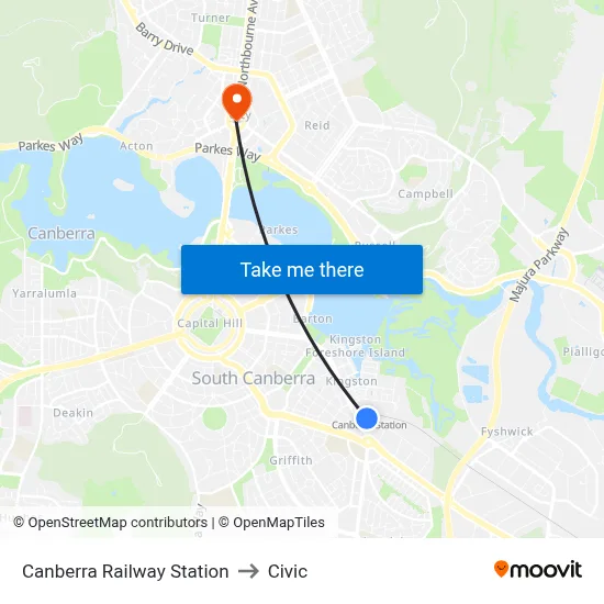 Canberra Railway Station to Civic map