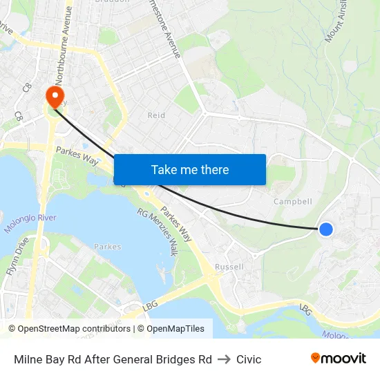 Milne Bay Rd After General Bridges Rd to Civic map
