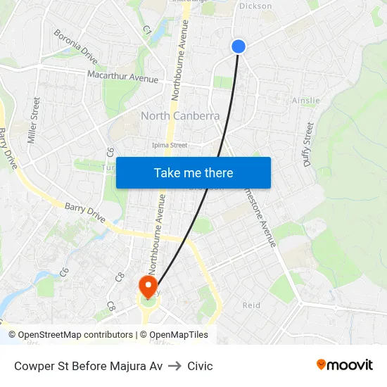 Cowper St Before Majura Av to Civic map