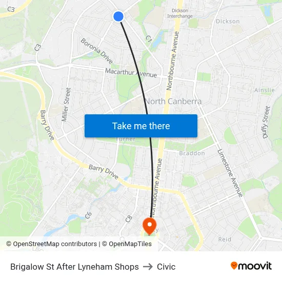 Brigalow St After Lyneham Shops to Civic map