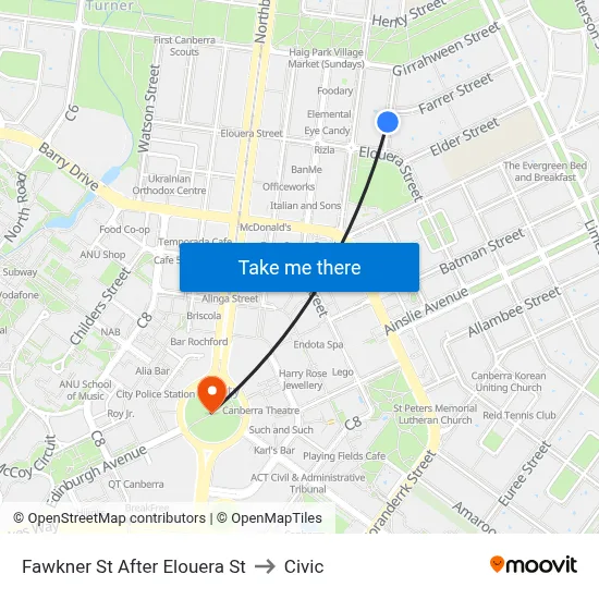 Fawkner St After Elouera St to Civic map