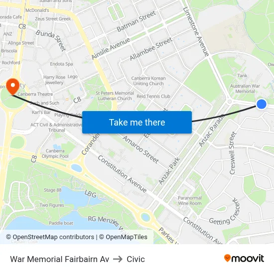 War Memorial Fairbairn Av to Civic map