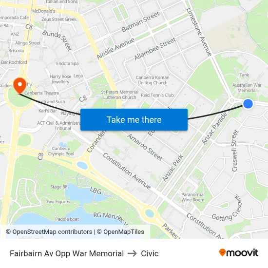 Fairbairn Av Opp War Memorial to Civic map