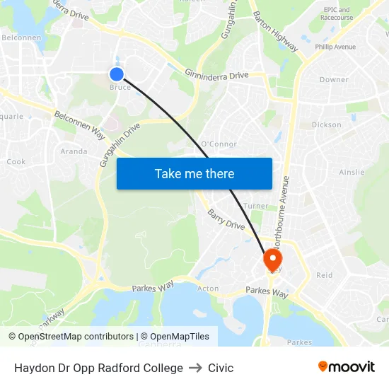 Haydon Dr Opp Radford College to Civic map