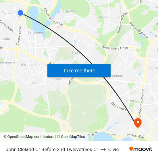 John Cleland Cr Before 2nd Twelvetrees Cr to Civic map