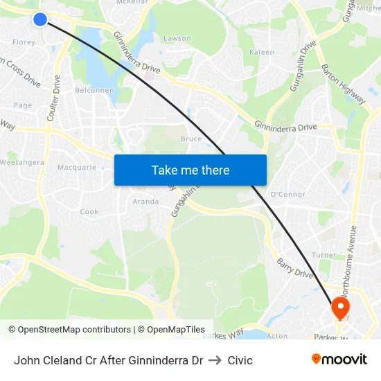 John Cleland Cr After Ginninderra Dr to Civic map