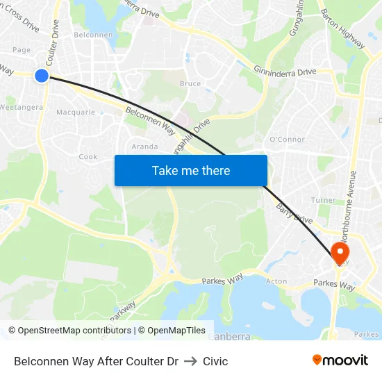 Belconnen Way After Coulter Dr to Civic map