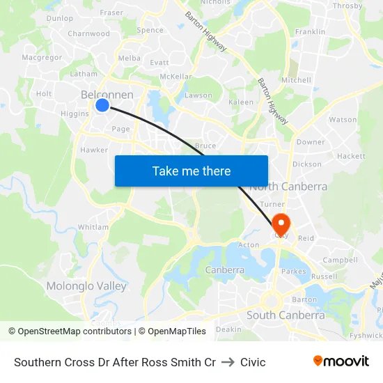 Southern Cross Dr After Ross Smith Cr to Civic map