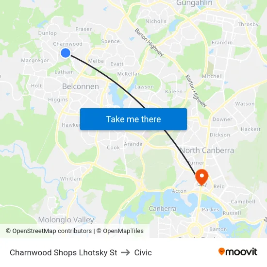 Charnwood Shops Lhotsky St to Civic map