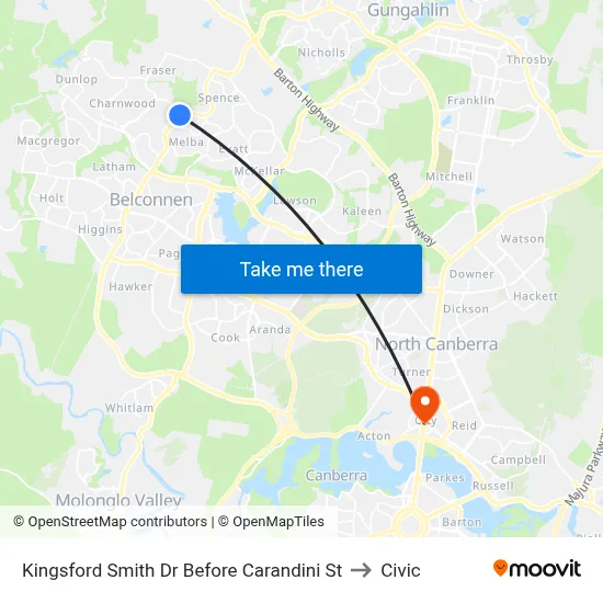 Kingsford Smith Dr Before Carandini St to Civic map