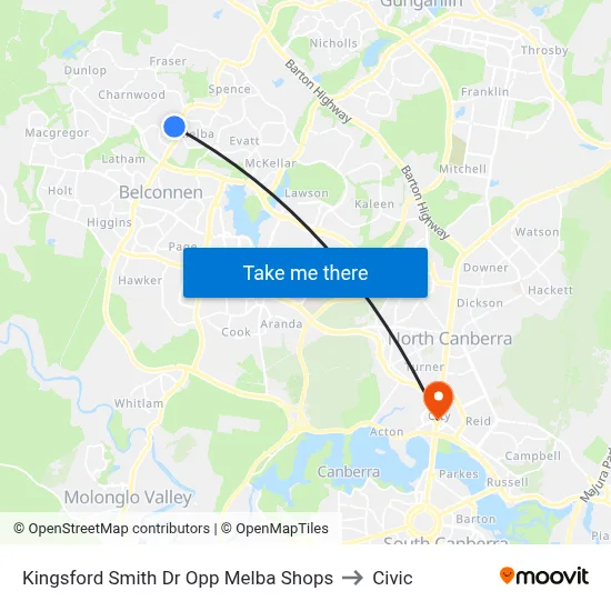 Kingsford Smith Dr Opp Melba Shops to Civic map