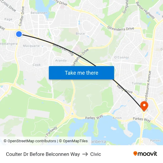 Coulter Dr Before Belconnen Way to Civic map