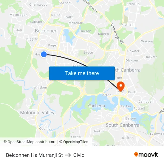 Belconnen Hs Murranji St to Civic map