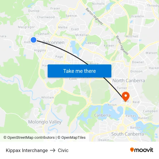 Kippax Interchange to Civic map