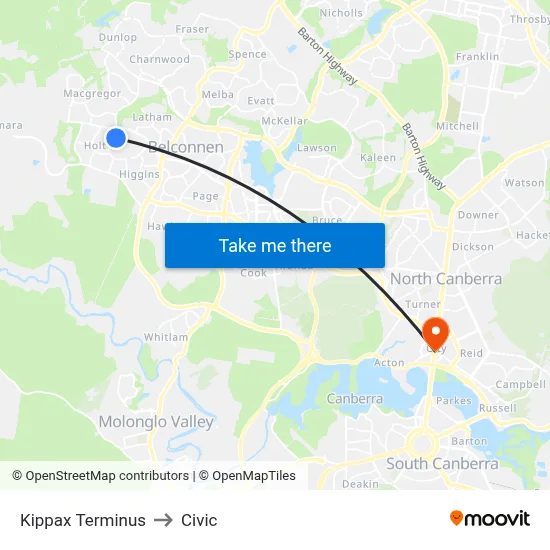 Kippax Terminus to Civic map