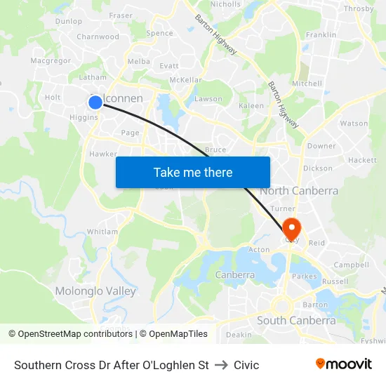 Southern Cross Dr After O'Loghlen St to Civic map