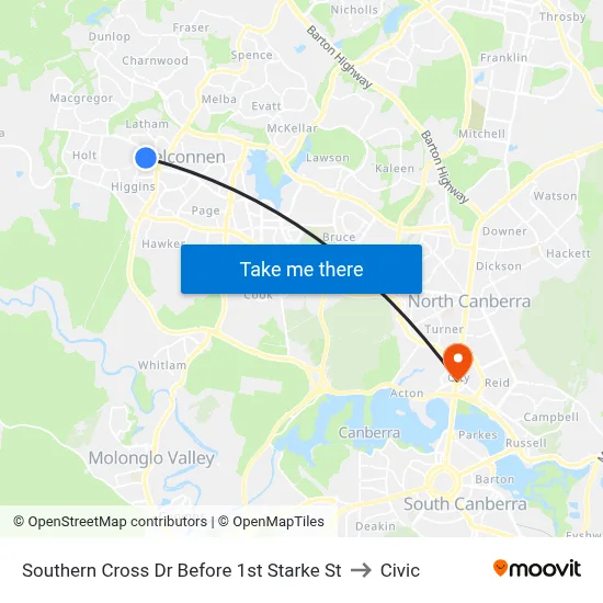 Southern Cross Dr Before 1st Starke St to Civic map