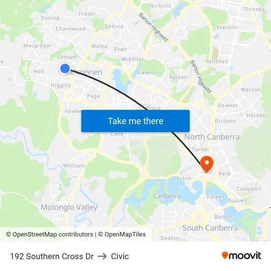 192 Southern Cross Dr to Civic map
