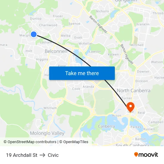 19 Archdall St to Civic map
