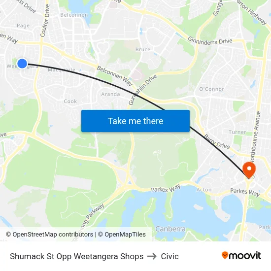 Shumack St Opp Weetangera Shops to Civic map