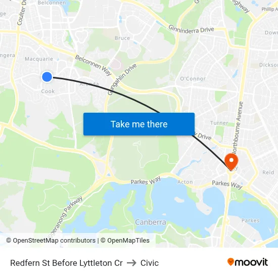 Redfern St Before Lyttleton Cr to Civic map