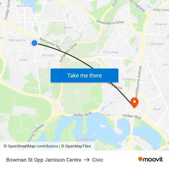 Bowman St Opp Jamison Centre to Civic map
