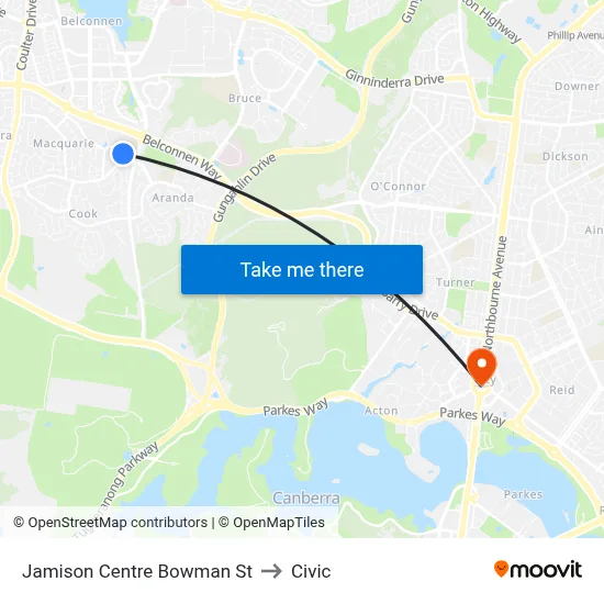 Jamison Centre Bowman St to Civic map