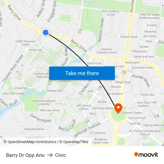 Barry Dr Opp Anu to Civic map