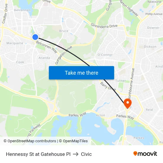 Hennessy St at Gatehouse Pl to Civic map