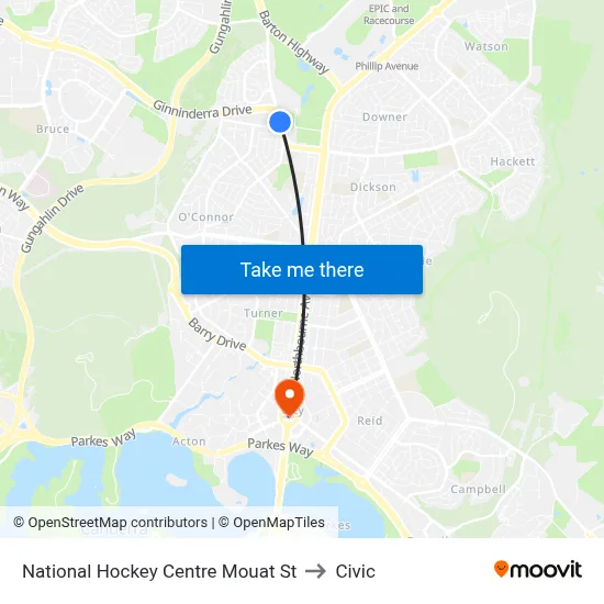 National Hockey Centre Mouat St to Civic map
