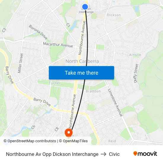 Northbourne Av Opp Dickson Interchange to Civic map