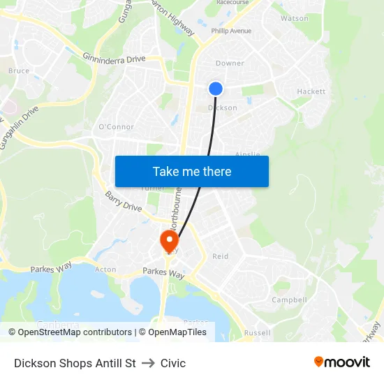 Dickson Shops Antill St to Civic map