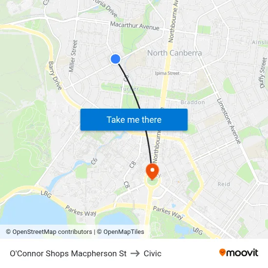 O'Connor Shops Macpherson St to Civic map