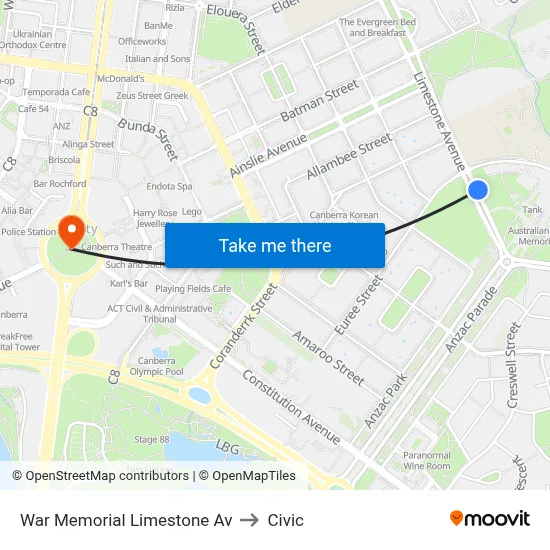 War Memorial Limestone Av to Civic map
