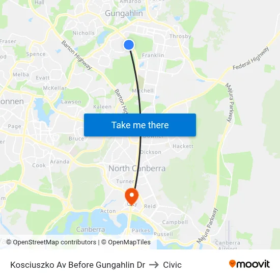 Kosciuszko Av Before Gungahlin Dr to Civic map