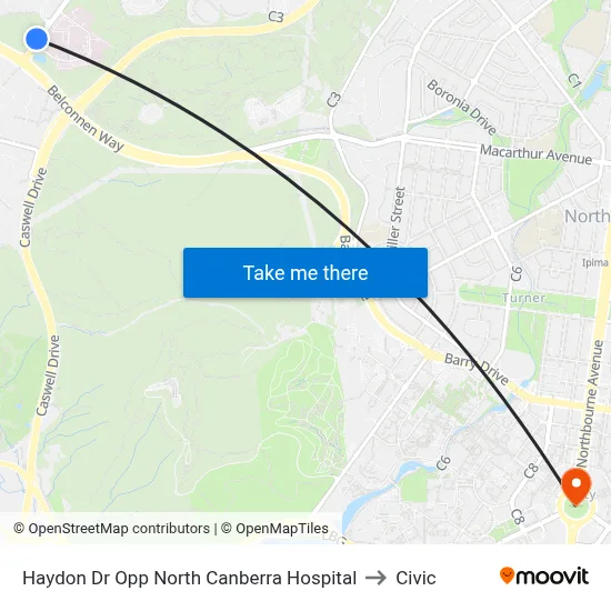 Haydon Dr Opp North Canberra Hospital to Civic map