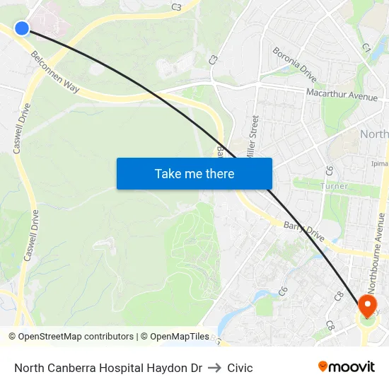 North Canberra Hospital Haydon Dr to Civic map