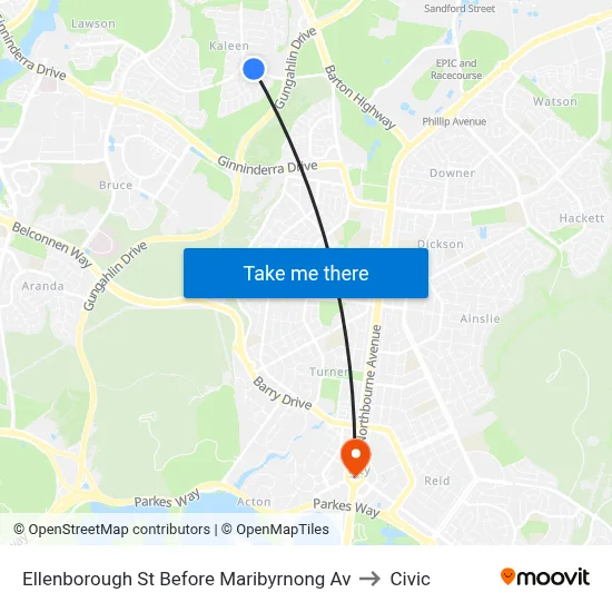 Ellenborough St Before Maribyrnong Av to Civic map
